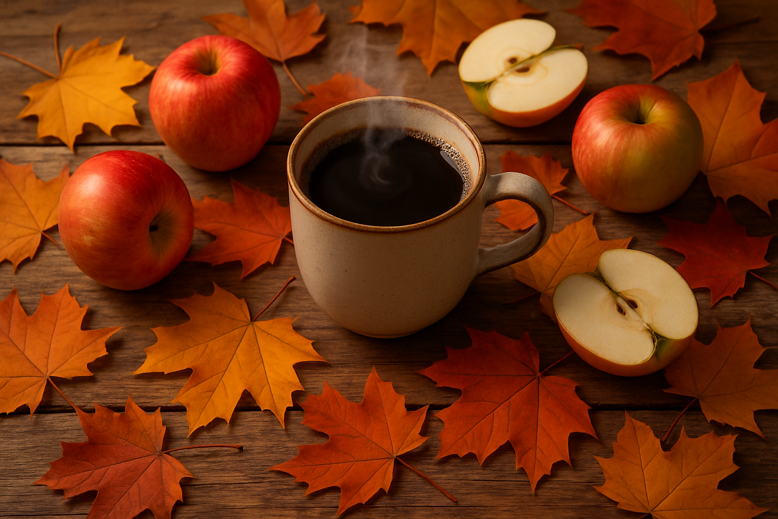 mug of coffee on a table in the autumn with leaves and apples